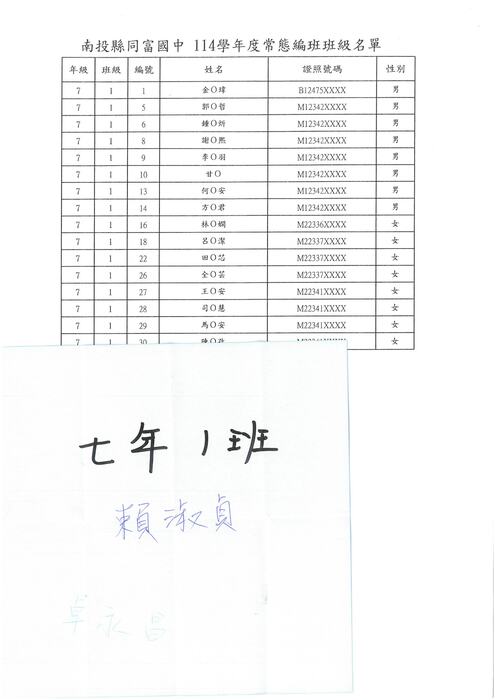 公告：114學年度新生常態編班名單圖片